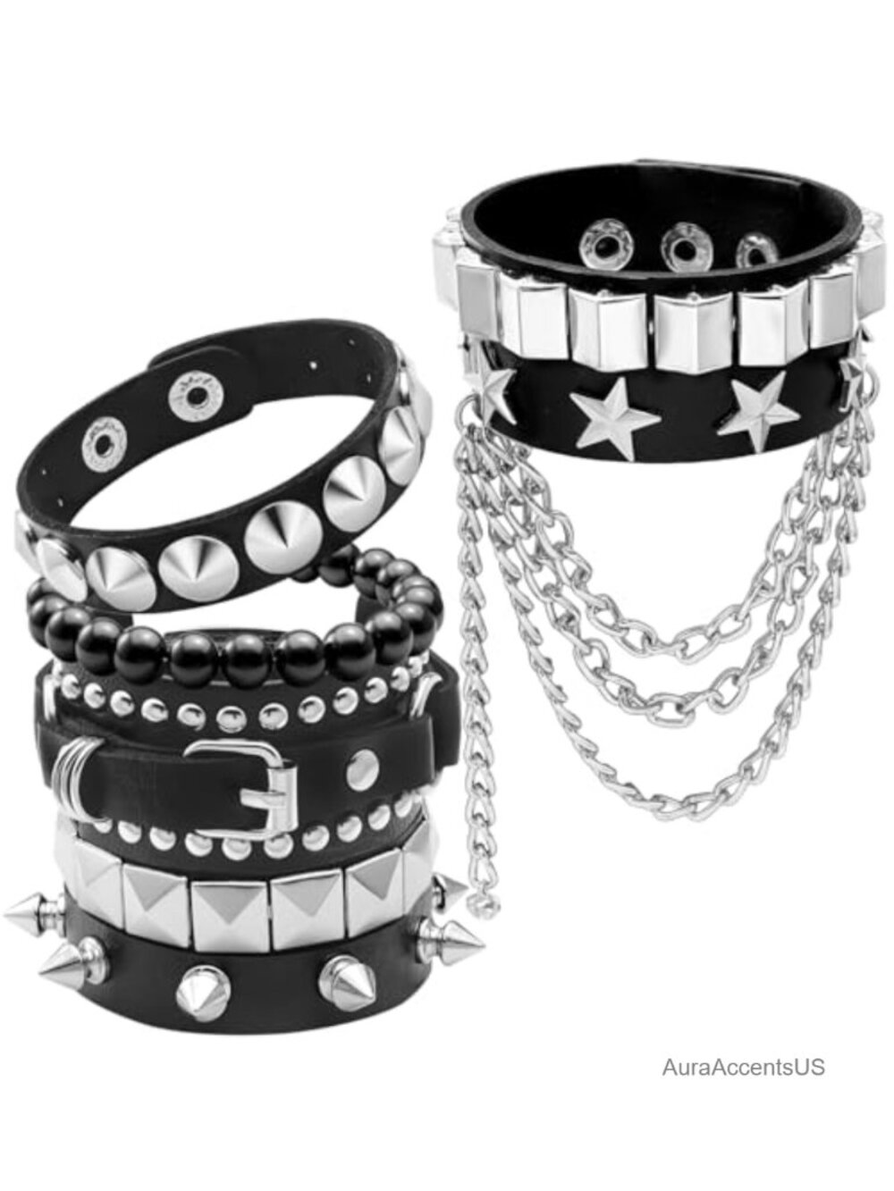 6pc Emo Punk Studded Cuff Bracelets Set Faux Leather Adjustable Unisex